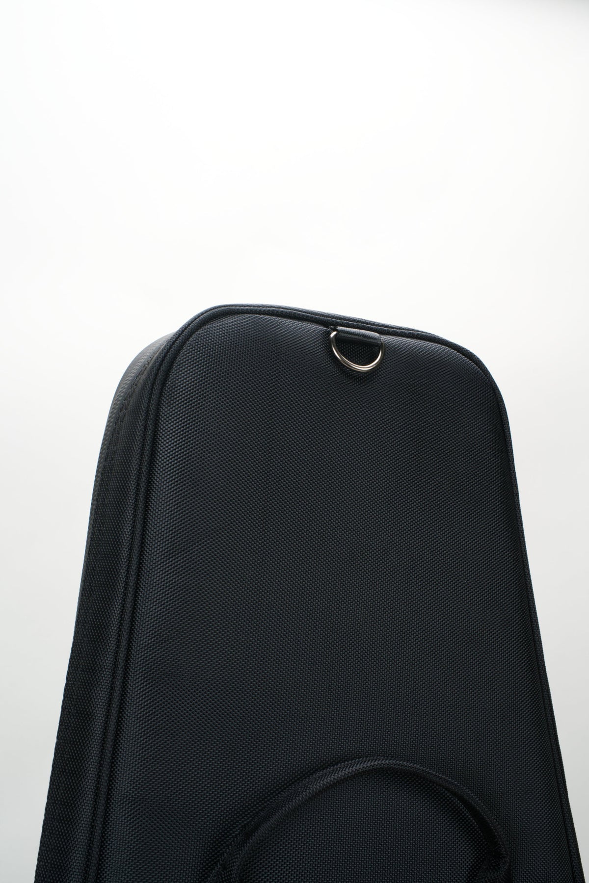 Close-up of a black textured instrument case or hardshell bag with a metal D-ring near the top, photographed against a plain white background.