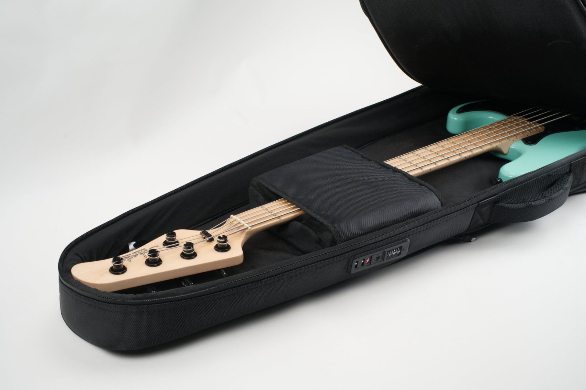 Kazane Electric Bass Guitar Gig Bag Open with Ibanez Electric Bass Guitar Inside