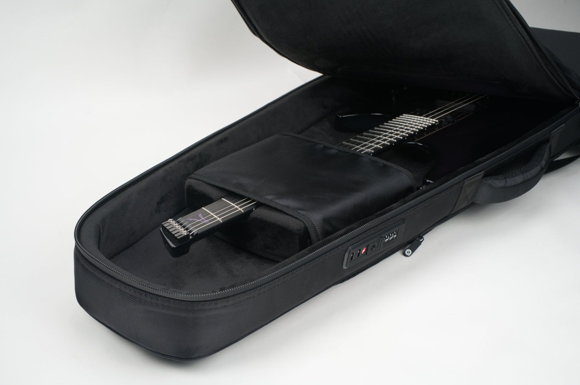 Kazane Headless Guitar Gig Bag Open showing an Aristides H/0 guitar