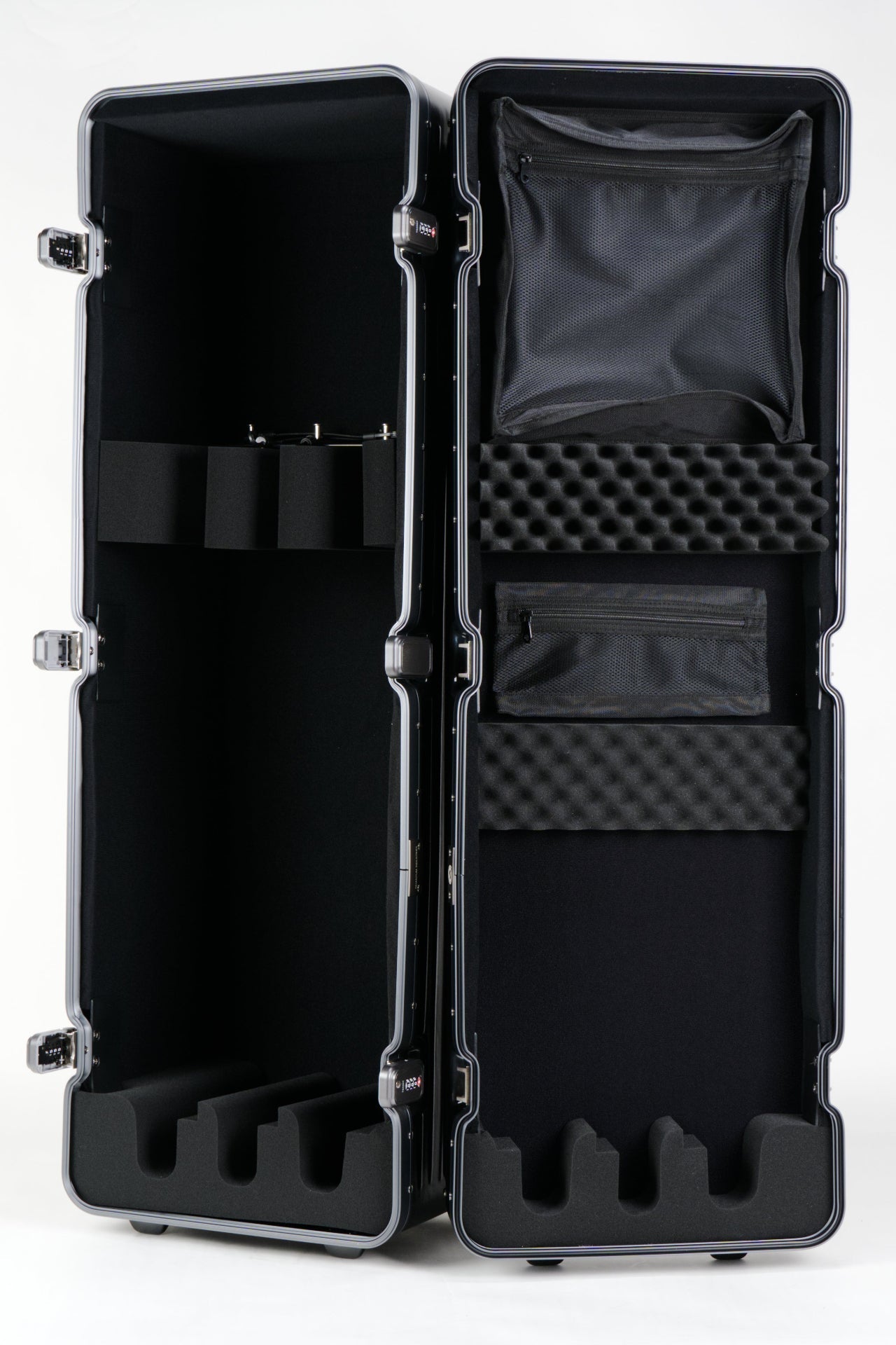 GTX - Triple Guitar Case Open showing the protective foam and accessories pouches - QUANTUM INDUSTRIES